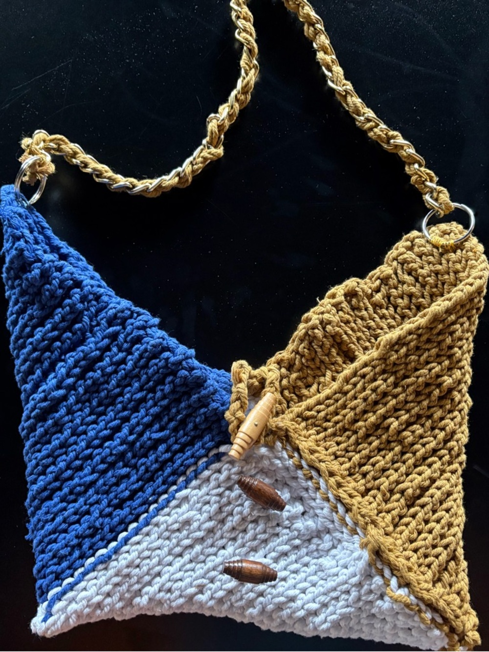 Handmade Colorblock Crochet Shoulder Bag in Blue, Mustard & Cream